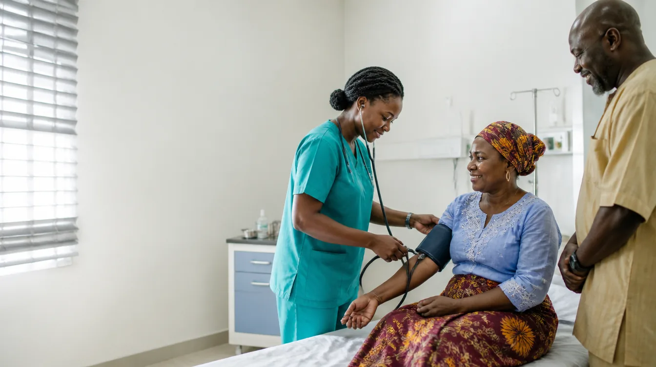 A nurse checking a patient's blood pressure at Iyare Clinic